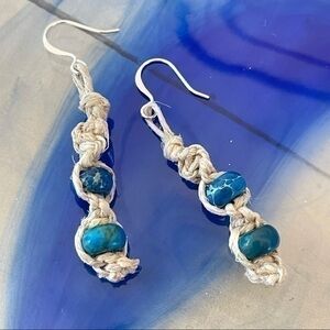 $10 SALE Hemp Tied Knot Blue Marbled Jasper Earrings 2.25” Boho Minimalist